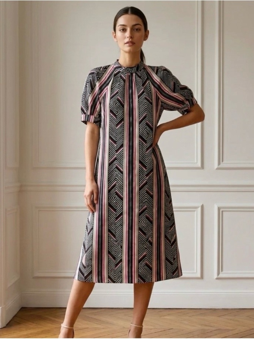 Anthropologie Kenzie Mocked Turtle Neck Geometric Midi Dress in Pink and Black